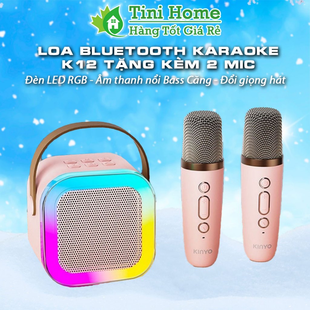 Loa Bluetooth Hát Karaoke tặng 2 Mic Không Dây Mini Tại Nhà K12, Có Thể Thay Đổi Giọng, Bass cực căng - Tini Home