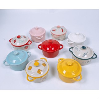 Bát Ăn Dặm,Bát Gốm Sứ Hình Nồi Họa Tiết Có Nắp Cho Bé 200ml