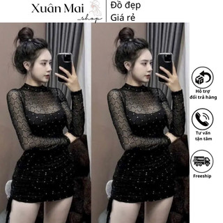 Đầm body ôm nữ tay dài chất lưới nhũ kim tuyến lấp lánh bling bling tay dài rút dây hai lớp cực slay cực hot
