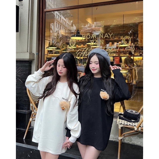 Áo Nỉ Sweater dáng rộng unisex nam nữ dáng rộng kèm gấu hình tim in chữ bigsize quảng châu loại 1