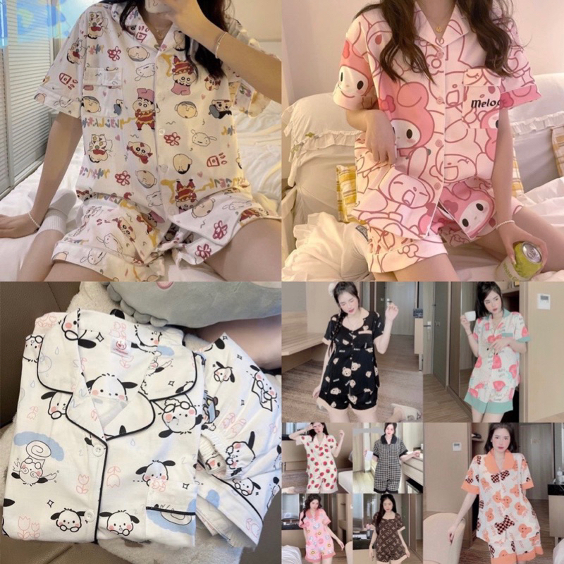 Đồ bộ pijama đùi kate freesize 40 - 63 kí.Bộ đồ pijama tay ngắn quần cộc thô kate không nhăn max 63 kí túi ngực