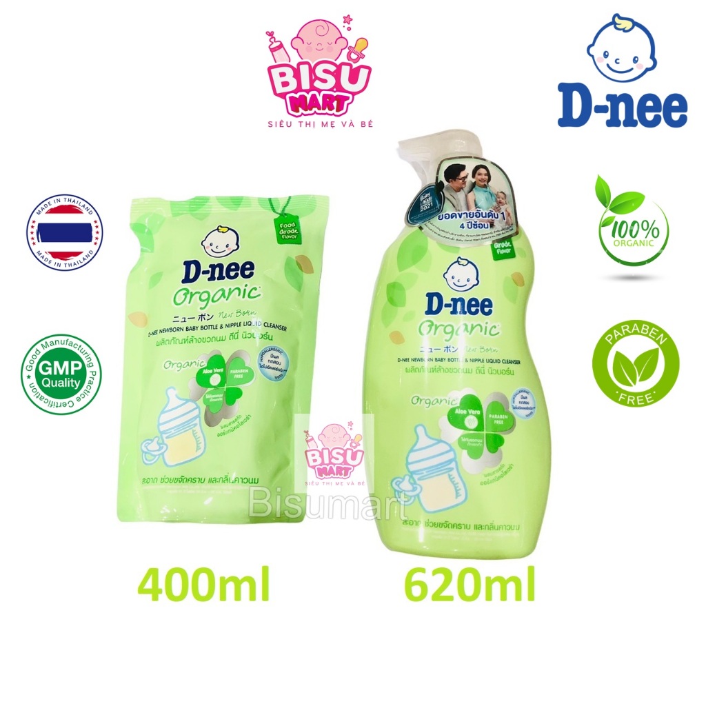 Combo Nước rữa bình sữa và rau quả Organic DNEE Chai 600ml và Túi 400ml