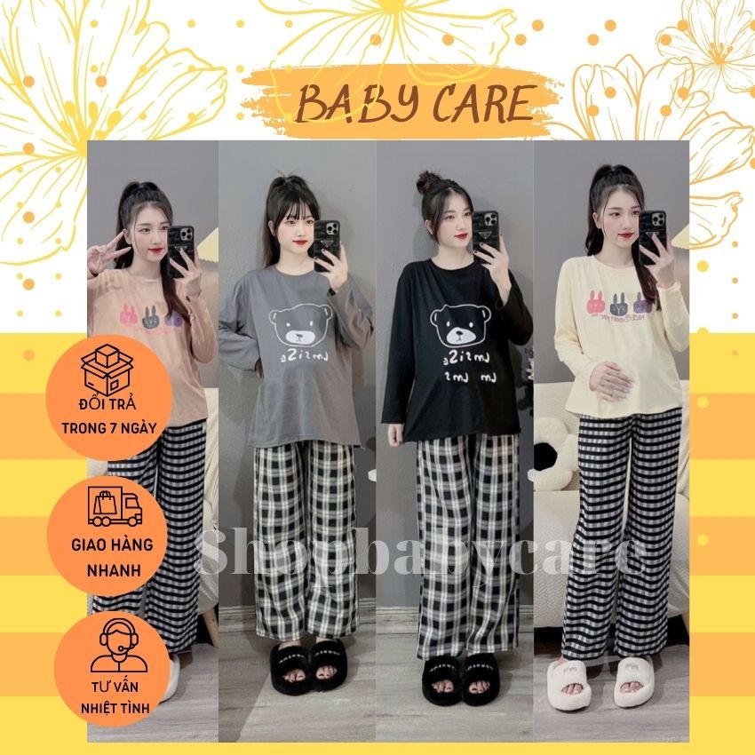 BỘ ĐỒ BẦU DỄ THƯƠNG HỌA TIẾT ÁO GẤU M292, BỘ BẦU ÁO COTTON QUẦN KẺ ỐNG XUÔNG SIÊU XINH