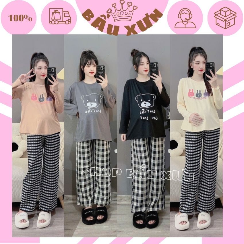 BỘ ĐỒ BẦU ÁO GẤU HỌA TIẾT DỄ THƯƠNG M292, BỘ BẦU ÁO COTTON QUẦN KẺ ỐNG XUÔNG SIÊU XINH