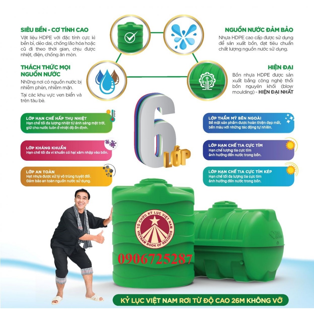 Bồn Nước Nhựa Tân á Đại Thành Plasman Đứng HDPE, nhựa 6 lớp. bảo hành 20 năm