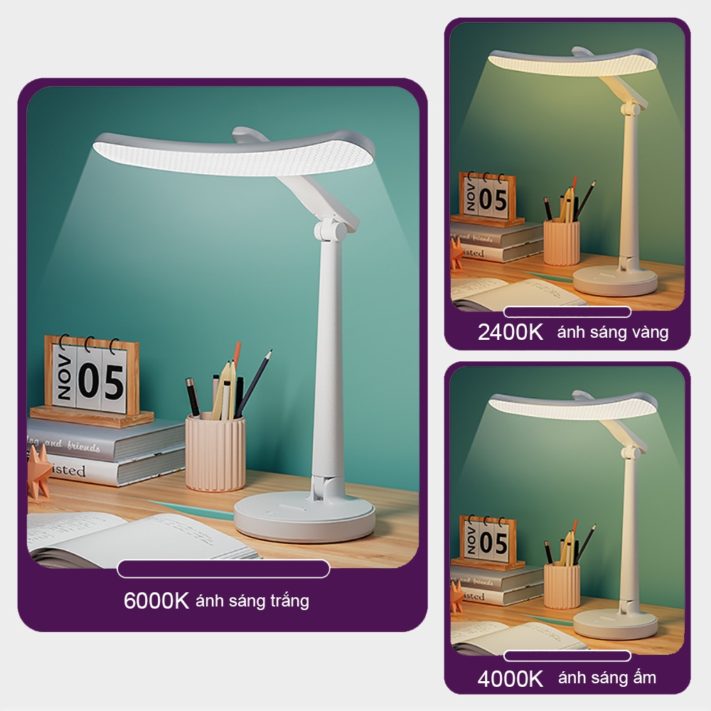 Đèn học để bàn Sidohome CS2400 gập gọn sạc pin đèn đọc sách mini tích điện cảm ứng 3 chế độ sáng
