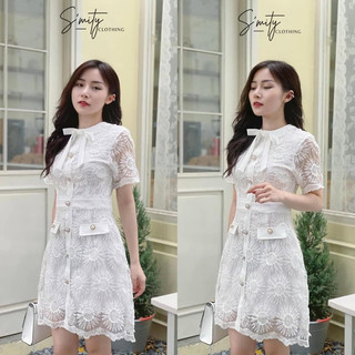Đầm ren trắng thiết kế phối nút dự tiệc đi làm đi chơi xinh xắn