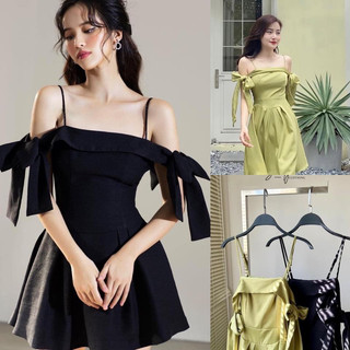 Đầm thiết kế dáng xoè đính nơ dự tiệc xinh xắn xanh đen đi tiệc đi chơi