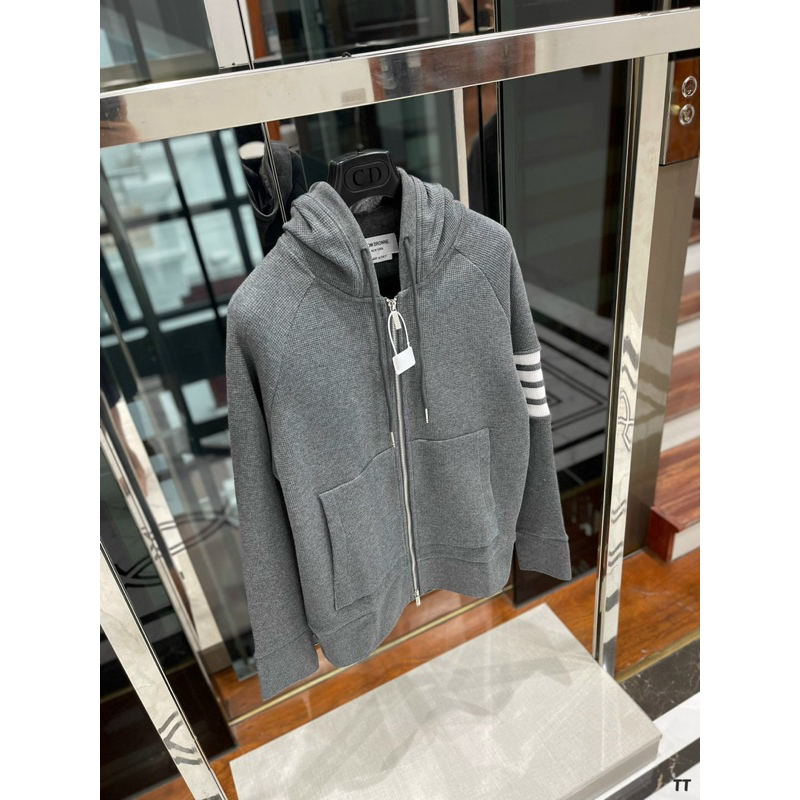 Áo hoodie zip - Thom Browne - TB 4bar xám len dệt kim new