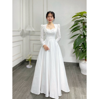  Váy Đi Bàn Cô Dâu Màu Trắng Tay Dài Chất Phi Đẹp Dáng Siết Eo Đẩy Ngực Rất Tốt Vai Bồng Cổ Tim Dáng Dài Chạm Đất 