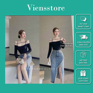 Chân váy jean lưng cao xẻ tà xéo viens store