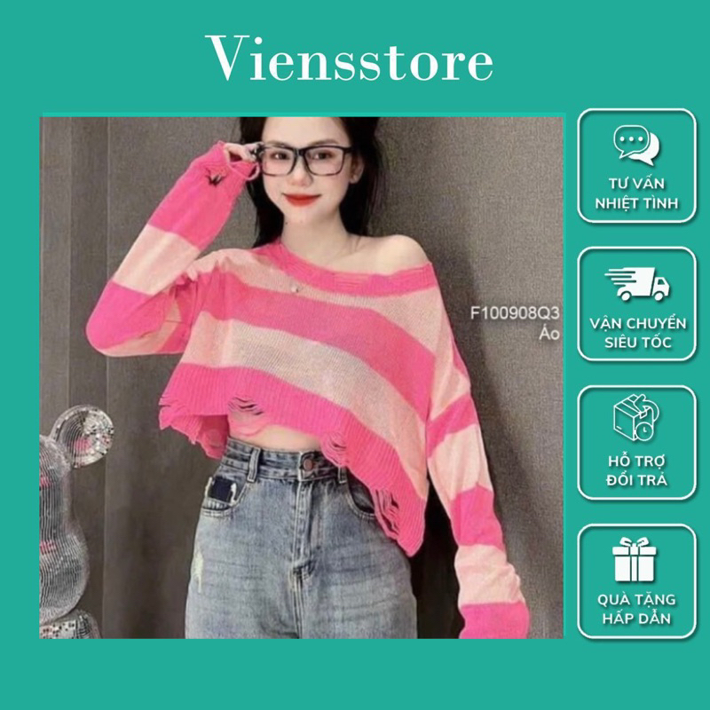 Áo len croptop nữ tay dài phối rách lưới họa tiết trơn, sọc to hiện đại - Vien's Store