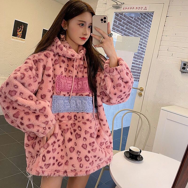 Áo hoodie lông cừu hoạ tiết da báo hồng siêu xinh siêu hót hàng quảng châu có ảnh thật ở cuối