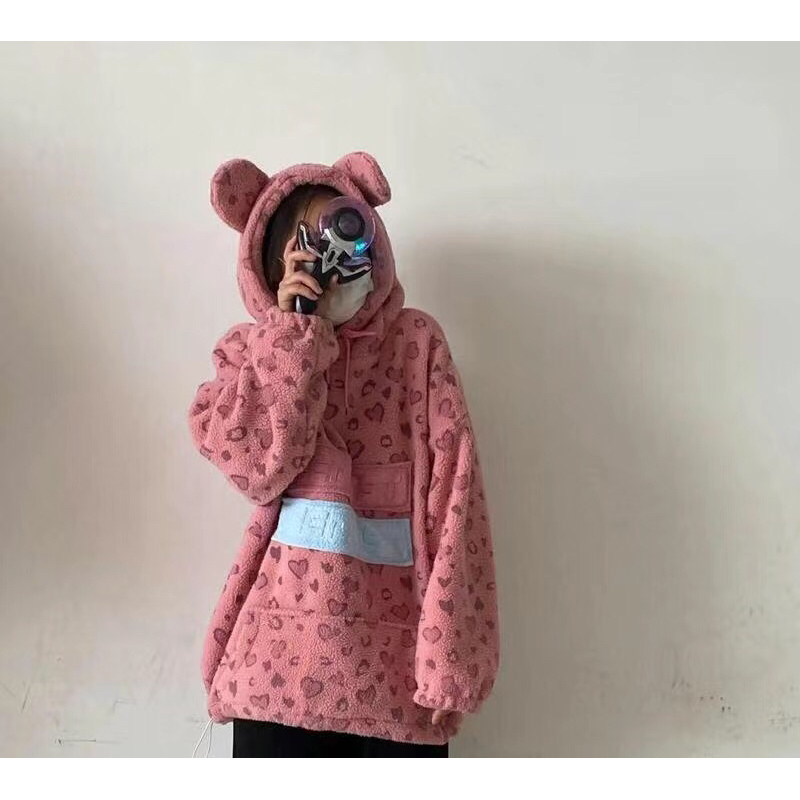 Áo hoodie lông cừu hoạ tiết da báo hồng siêu xinh siêu hót hàng quảng châu có ảnh thật ở cuối