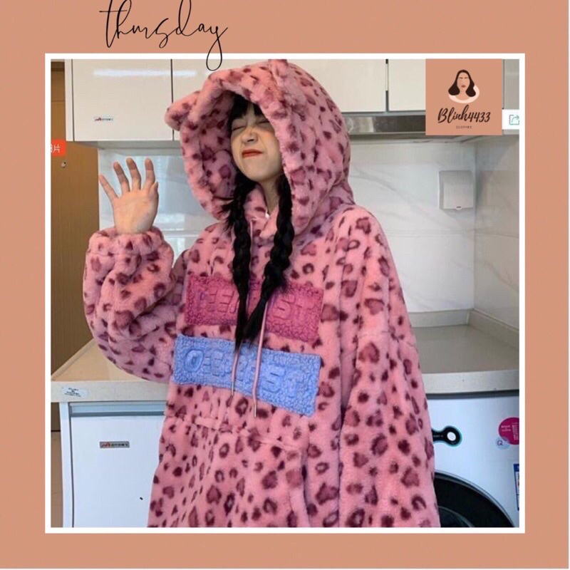 Áo hoodie lông cừu hoạ tiết da báo hồng siêu xinh siêu hót hàng quảng châu có ảnh thật ở cuối