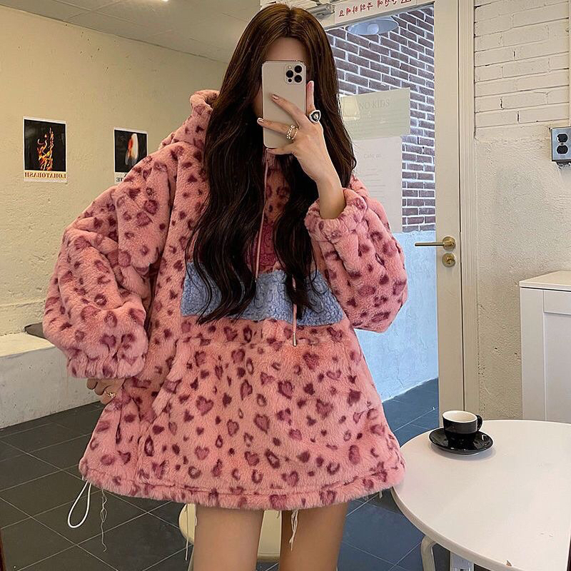 Áo hoodie lông cừu hoạ tiết da báo hồng siêu xinh siêu hót hàng quảng châu có ảnh thật ở cuối