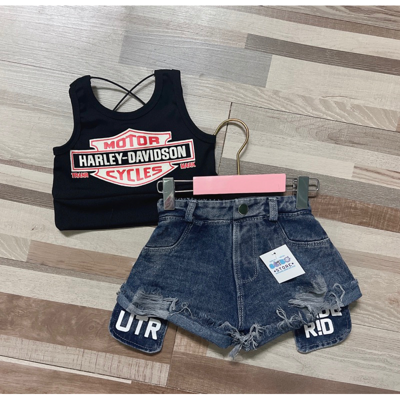 Bộ áo thun crotop dây chéo và quần short jean siêu cá tính cho bé gái