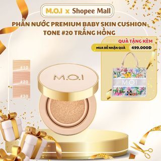 Phấn Nước M.O.I Premium Baby Skin Cushion Pearl Essence Silky Finish SPF50+ PA+++ Tone 20 - trắng hồng