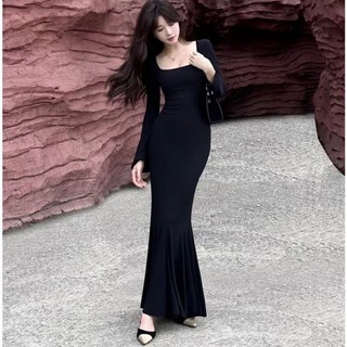 Váy thu đông nữ dáng dài tay dài cổ rộng đuôi cá sang trọng chất liệu thun tăm co giãn mềm mại hàng trung quốc