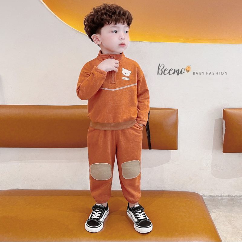 Bộ quần áo bé trai BEEMO B028 bộ nỉ bé trai cổ trụ in mặt gấu, chất liệu nỉ bông dày dặn, mềm mịn PAPALEMON