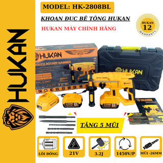 Máy khoan bê tông pin hukan hk-2808bl không chổi than tặng kèm 3 mũi khoan 2 mũi đục - khoan đục bê tông 3 chức năng