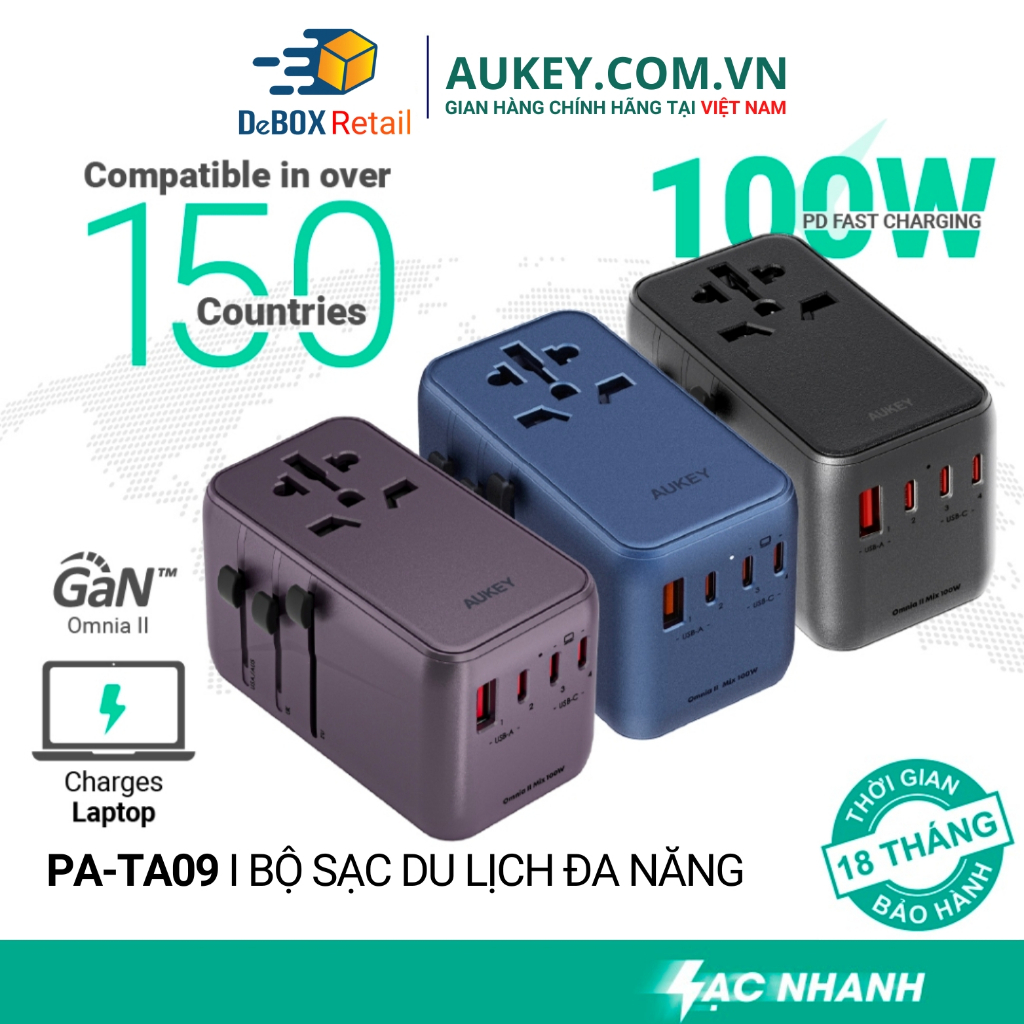 Bộ sạc du lịch đa năng AUKEY 100W PA-TA09 Sạc nhanh PPS 45W, PD 30W, USB A + 4 Type C, AC 2500W tương thích 200 Quốc gia
