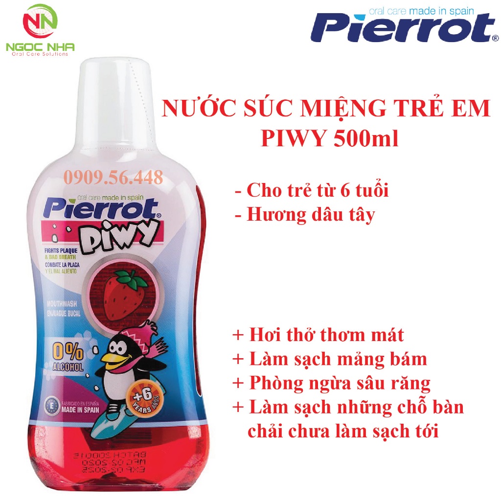 Nước súc miệng làm sạch mảng bám, ngăn ngừa sâu răng cho trẻ em, hương dâu tây Pierrot Piwy 500ml/ Tây Ban Nha