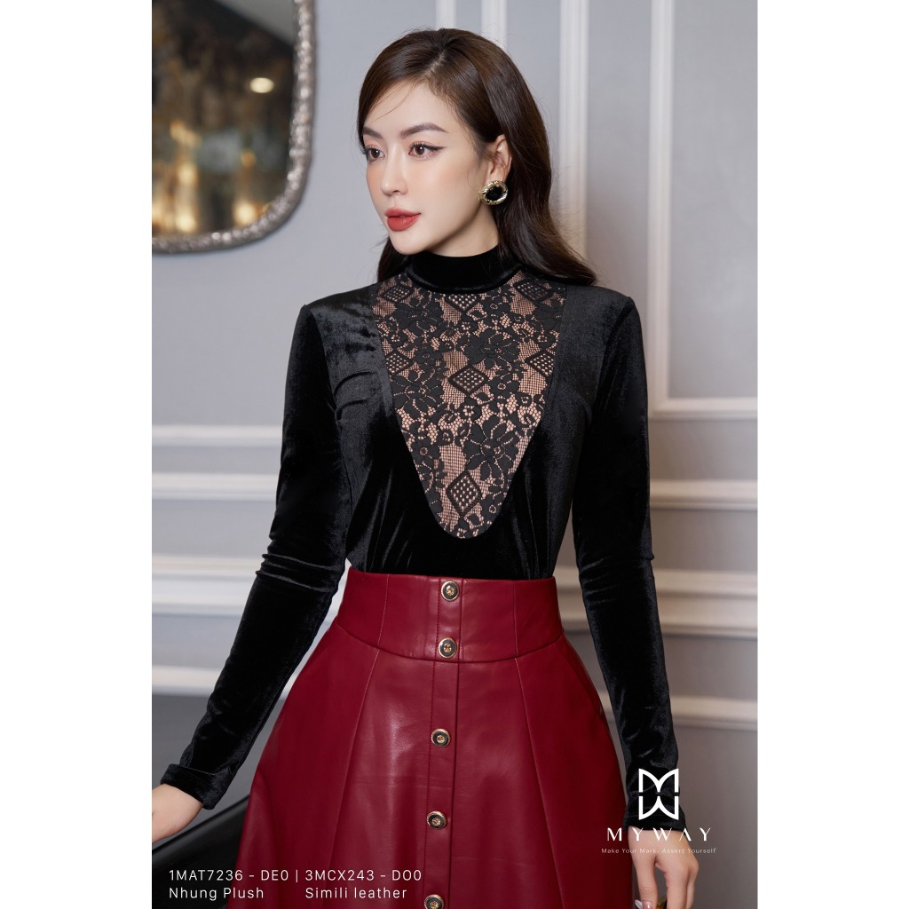Áo Nhung Nữ MY WAY Dáng Ôm Body Phối Ren Lưới Sang Trọng 1MAT7236