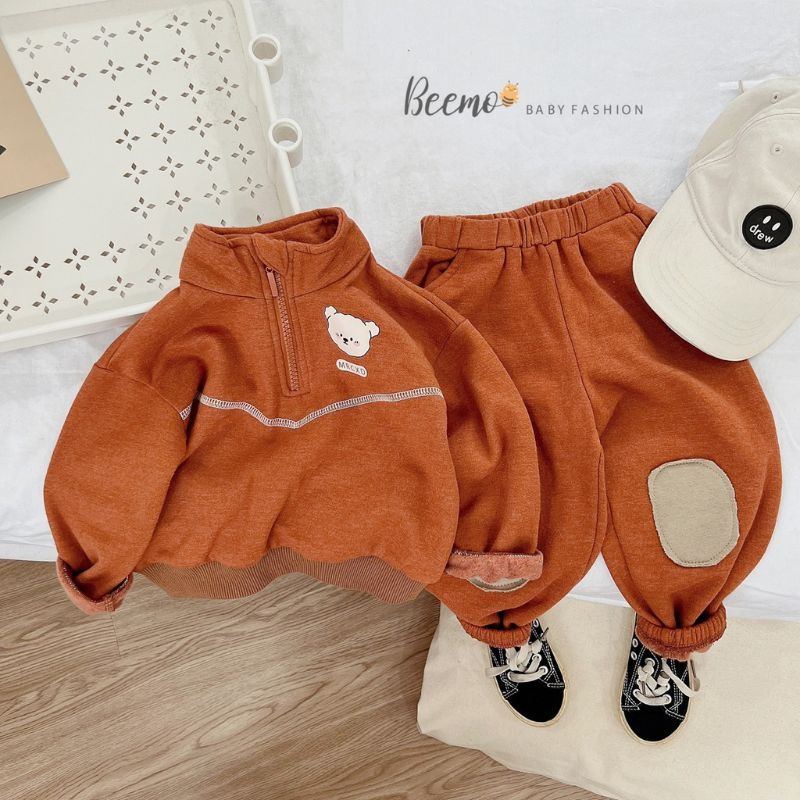 Bộ quần áo bé trai BEEMO B028 bộ nỉ bé trai cổ trụ in mặt gấu, chất liệu nỉ bông dày dặn, mềm mịn PAPALEMON