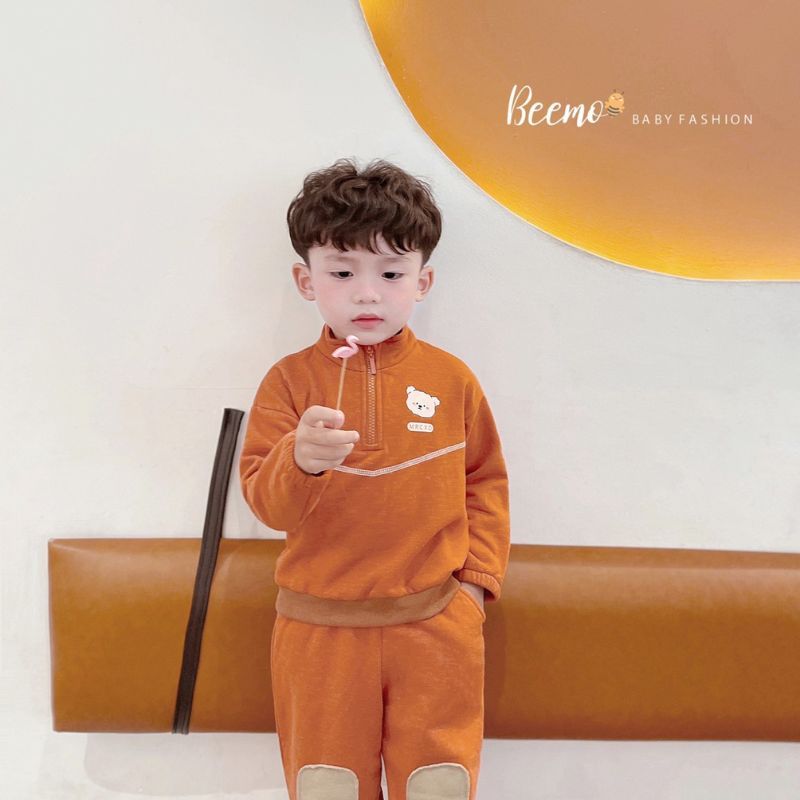 Bộ quần áo bé trai BEEMO B028 bộ nỉ bé trai cổ trụ in mặt gấu, chất liệu nỉ bông dày dặn, mềm mịn PAPALEMON