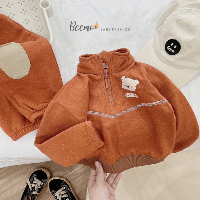 Bộ quần áo bé trai BEEMO B028 bộ nỉ bé trai cổ trụ in mặt gấu, chất liệu nỉ bông dày dặn, mềm mịn PAPALEMON