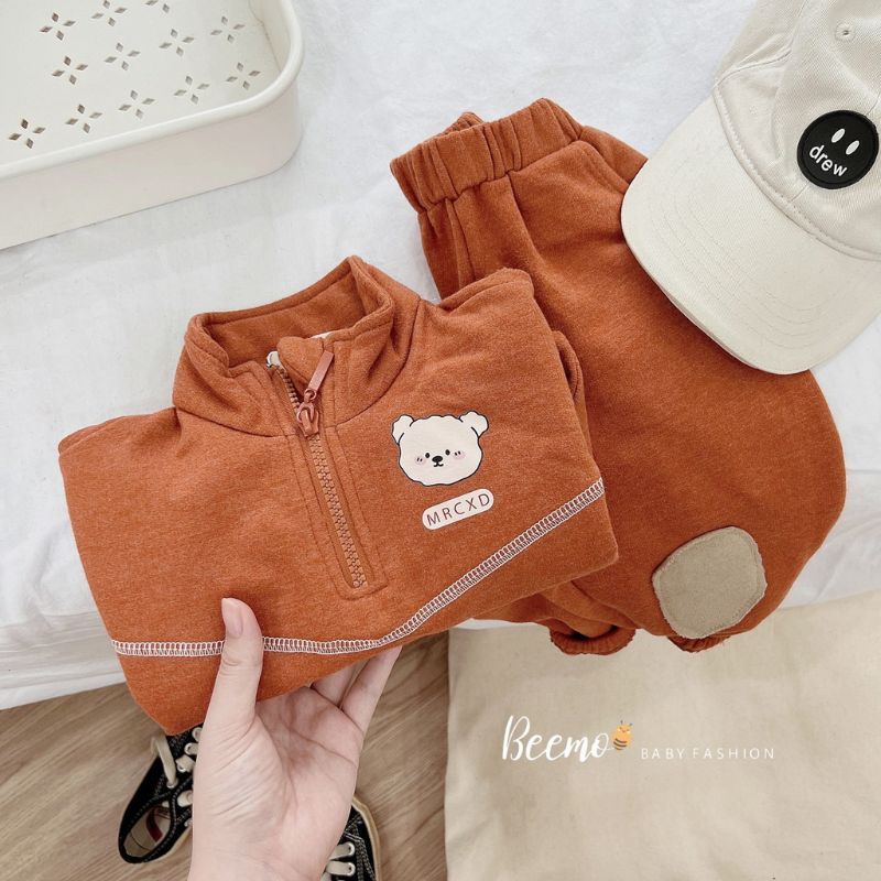 Bộ quần áo bé trai BEEMO B028 bộ nỉ bé trai cổ trụ in mặt gấu, chất liệu nỉ bông dày dặn, mềm mịn PAPALEMON