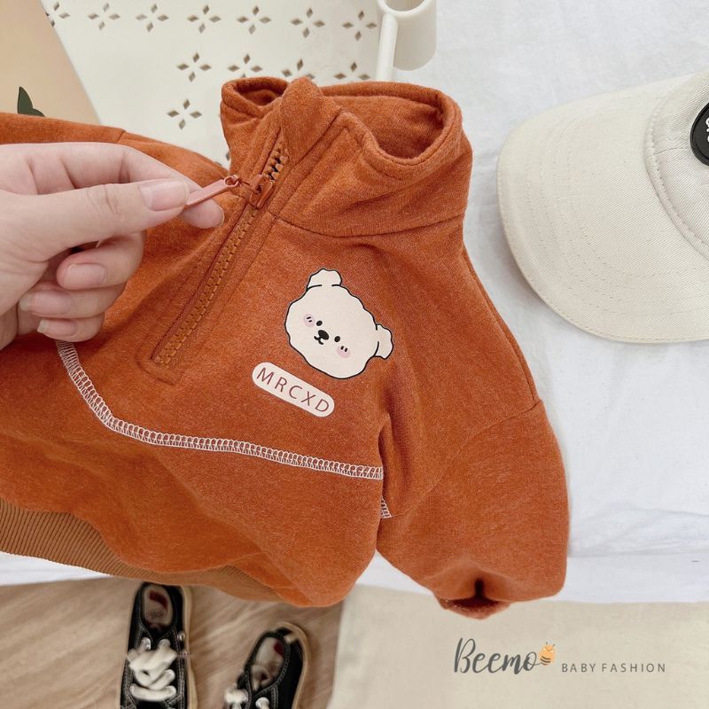 Bộ quần áo bé trai BEEMO B028 bộ nỉ bé trai cổ trụ in mặt gấu, chất liệu nỉ bông dày dặn, mềm mịn PAPALEMON