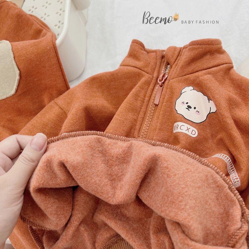 Bộ quần áo bé trai BEEMO B028 bộ nỉ bé trai cổ trụ in mặt gấu, chất liệu nỉ bông dày dặn, mềm mịn PAPALEMON