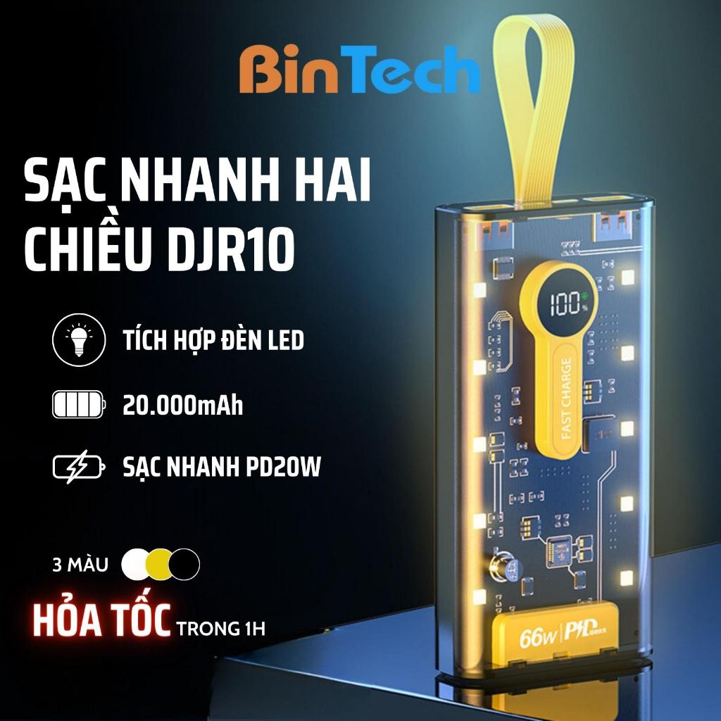 Sạc dự phòng trong suốt DJR10 BINTECH 20000mAh, sạc nhanh chuẩn PD20W màn hình LED sạc nhiều thiết bị - Bảo Hành 1 đổi 1