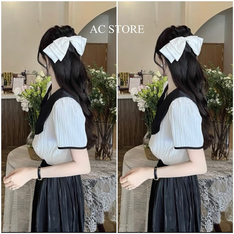 ÁO SƠ MI TRẮNG PHỐI CỔ ĐEN CHẤT XỐP GÂN BÁNH BÈO TIỂU THƯ , CÔNG SỞ KIỂU NHẸ NHÀNG XINH NGẮN TAY HÀN QUỐC