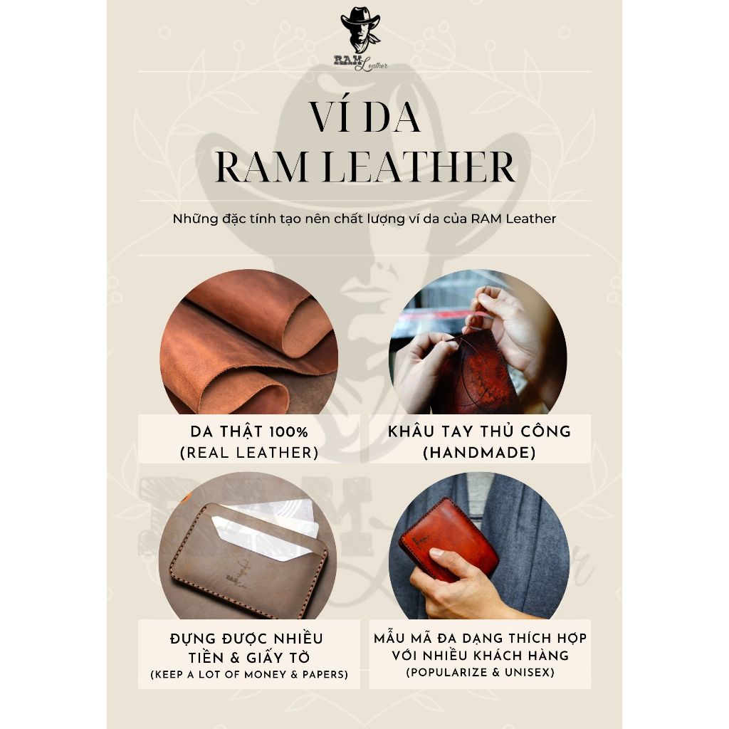 Ví nam da bò trống đồng da bò vân cá sấu màu nâu dáng ngang - RAM Leather