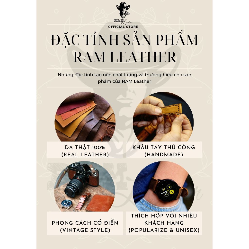 Dây Đồng Hồ Da Bò RAM Leather Italia Vegtan Trống Đồng Việt Nam Màu Đen Bền Đẹp