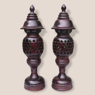 Cặp đèn thờ gỗ xà cừ-Đèn cúng bàn thờ cao 23cm - Màu đen