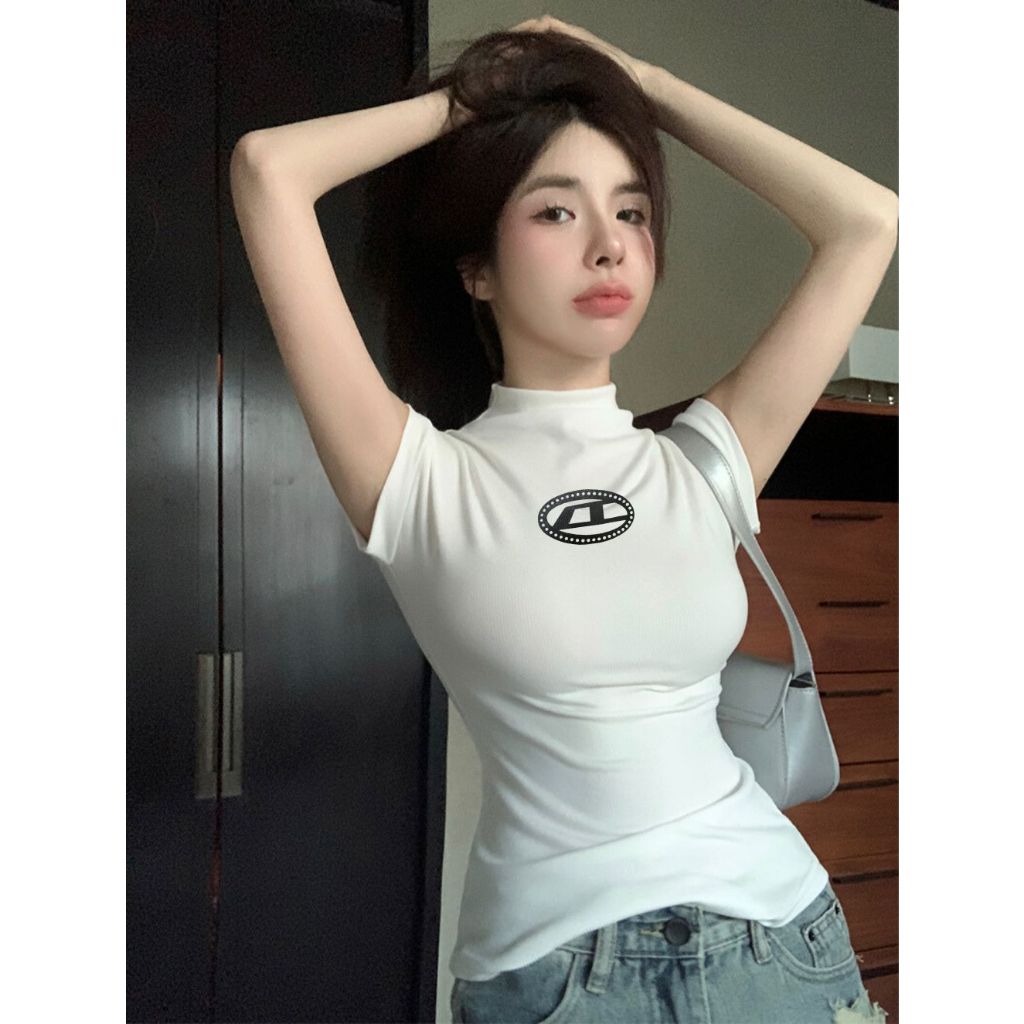 HỎA TỐC HCM Áo thun ôm body màu trơn cọc tay in chữ d BS74