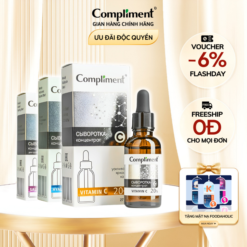 Serum Vitamin C AHA BHA PHA HA Compliment Tinh Chất Dưỡng Cấp Ẩm Trắng Da Giảm Mụn Mờ Thâm Nám Phục Hồi Da Kiềm Dầu 27ml