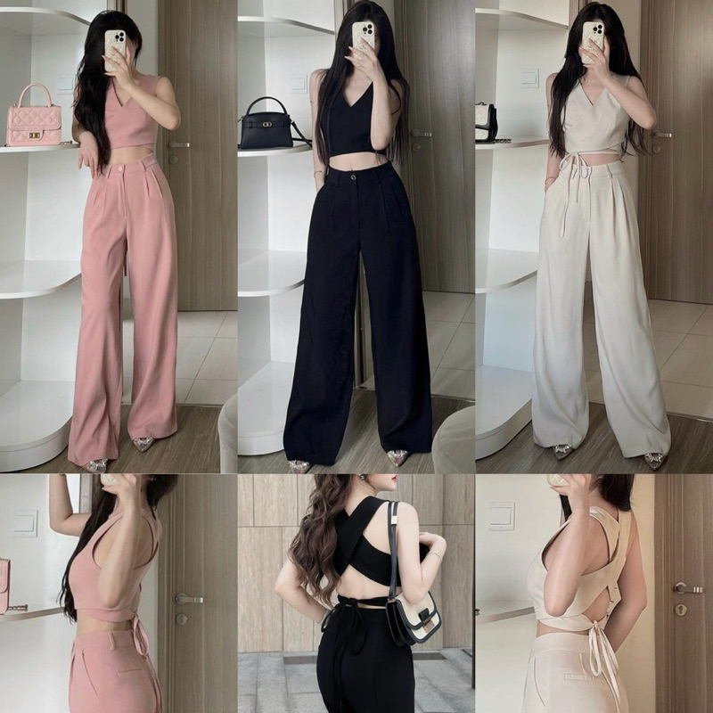 Set áo croptop cổ vest quấn chéo eo + chân váy 4 màu