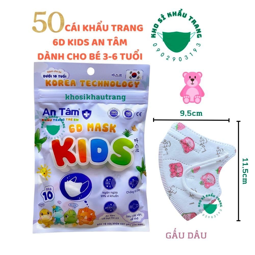 Khẩu trang 6D Kids An Tâm dành cho bé 3-6 tuổi