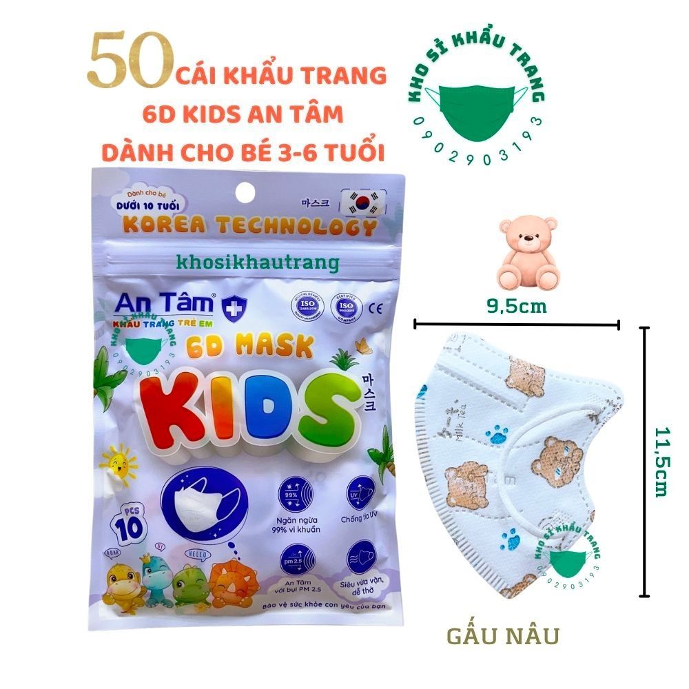 Khẩu trang 6D Kids An Tâm dành cho bé 3-6 tuổi