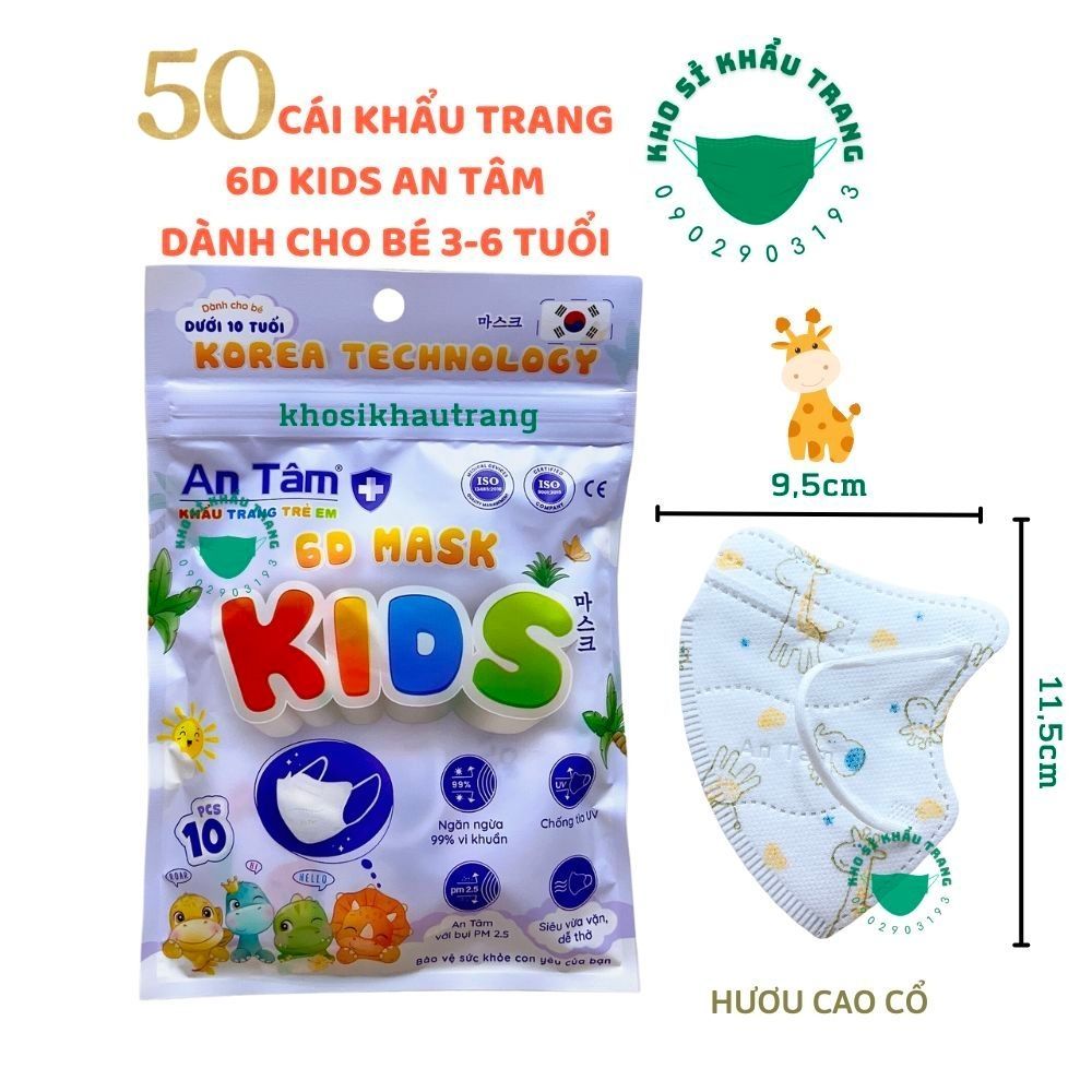 Khẩu trang 6D Kids An Tâm dành cho bé 3-6 tuổi