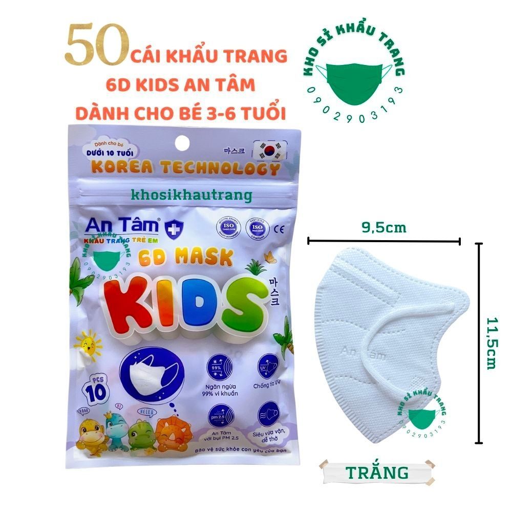 Khẩu trang 6D Kids An Tâm dành cho bé 3-6 tuổi