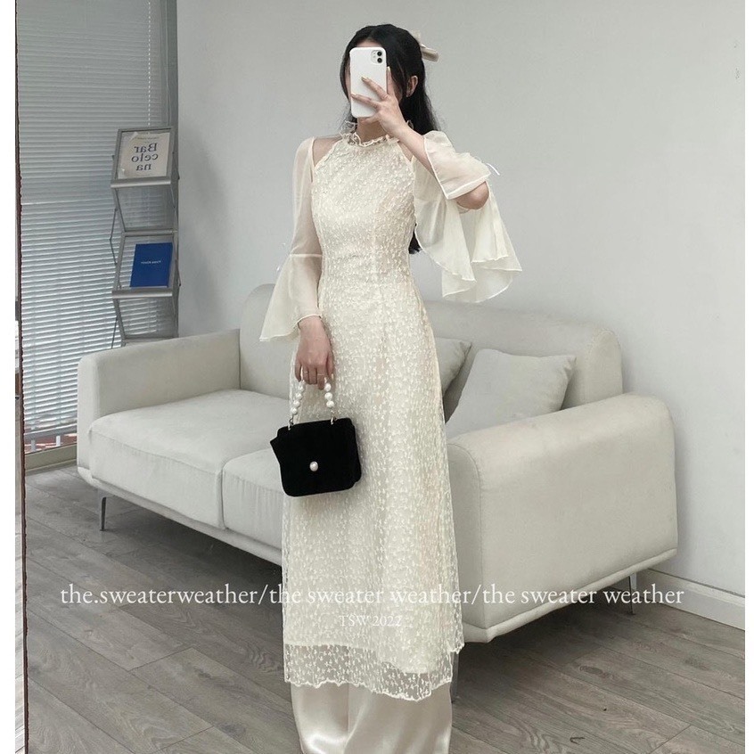 Set áo dài ren phối tơ cách điệu màu kem tôn dáng - Retrostyle - Aodairen589_P7K5