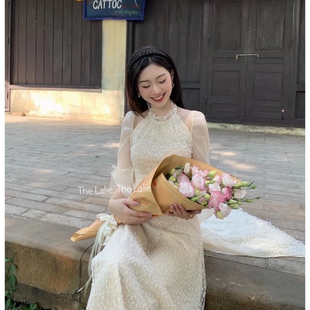 Set áo dài ren phối tơ cách điệu màu kem tôn dáng - Retrostyle - Aodairen589_P7K5