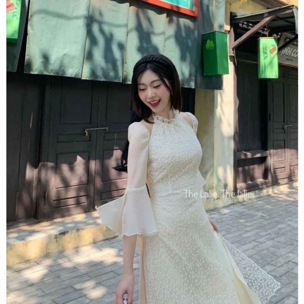 Set áo dài ren phối tơ cách điệu màu kem tôn dáng - Retrostyle - Aodairen589_P7K5