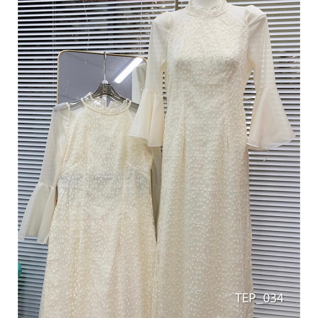 Set áo dài ren phối tơ cách điệu màu kem tôn dáng - Retrostyle - Aodairen589_P7K5